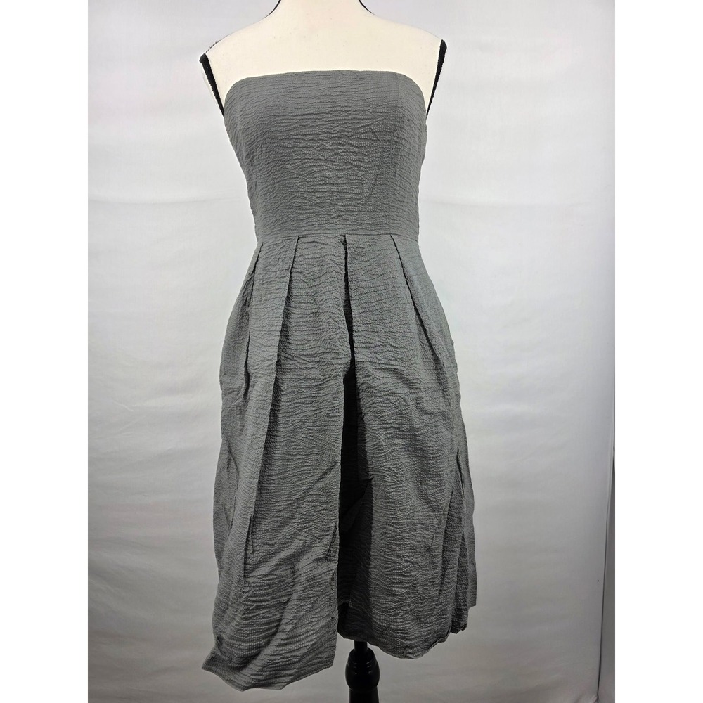 J.Crew Grey Seersucker Strapless Pleated Midi Dress Size 4 Cotton Cocktail